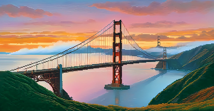 A sunset view of the Golden Gate Bridge with vibrant colors and a couple taking a photo in the foreground.