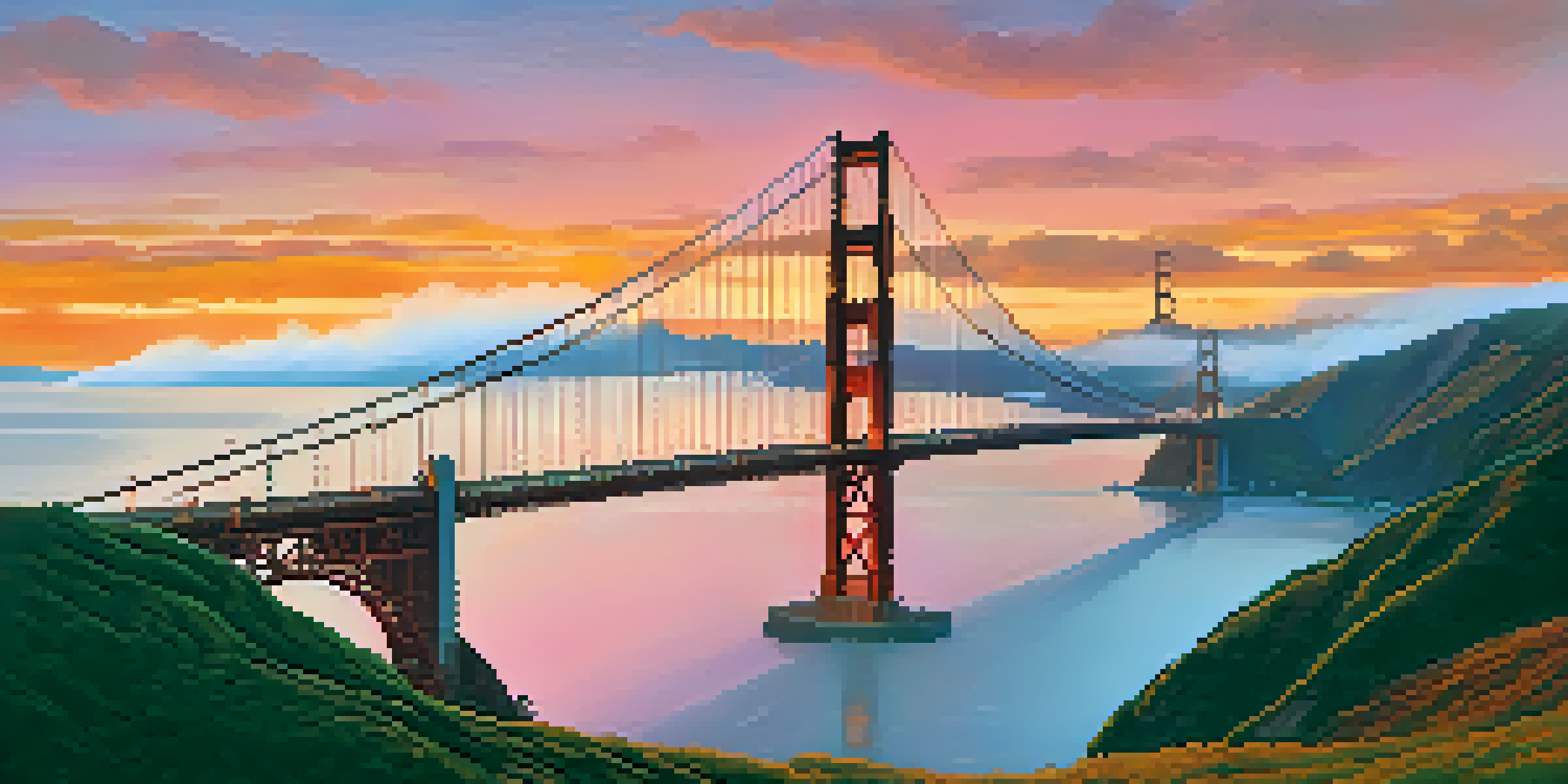 A sunset view of the Golden Gate Bridge with vibrant colors and a couple taking a photo in the foreground.