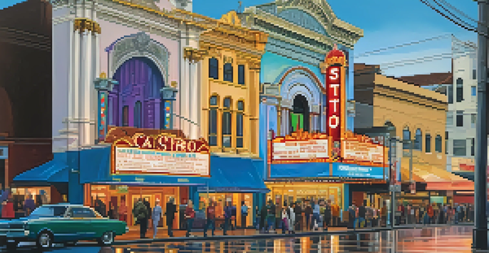 A lively street in the Castro District with colorful buildings, rainbow flags, and the illuminated Castro Theatre at night, filled with people.