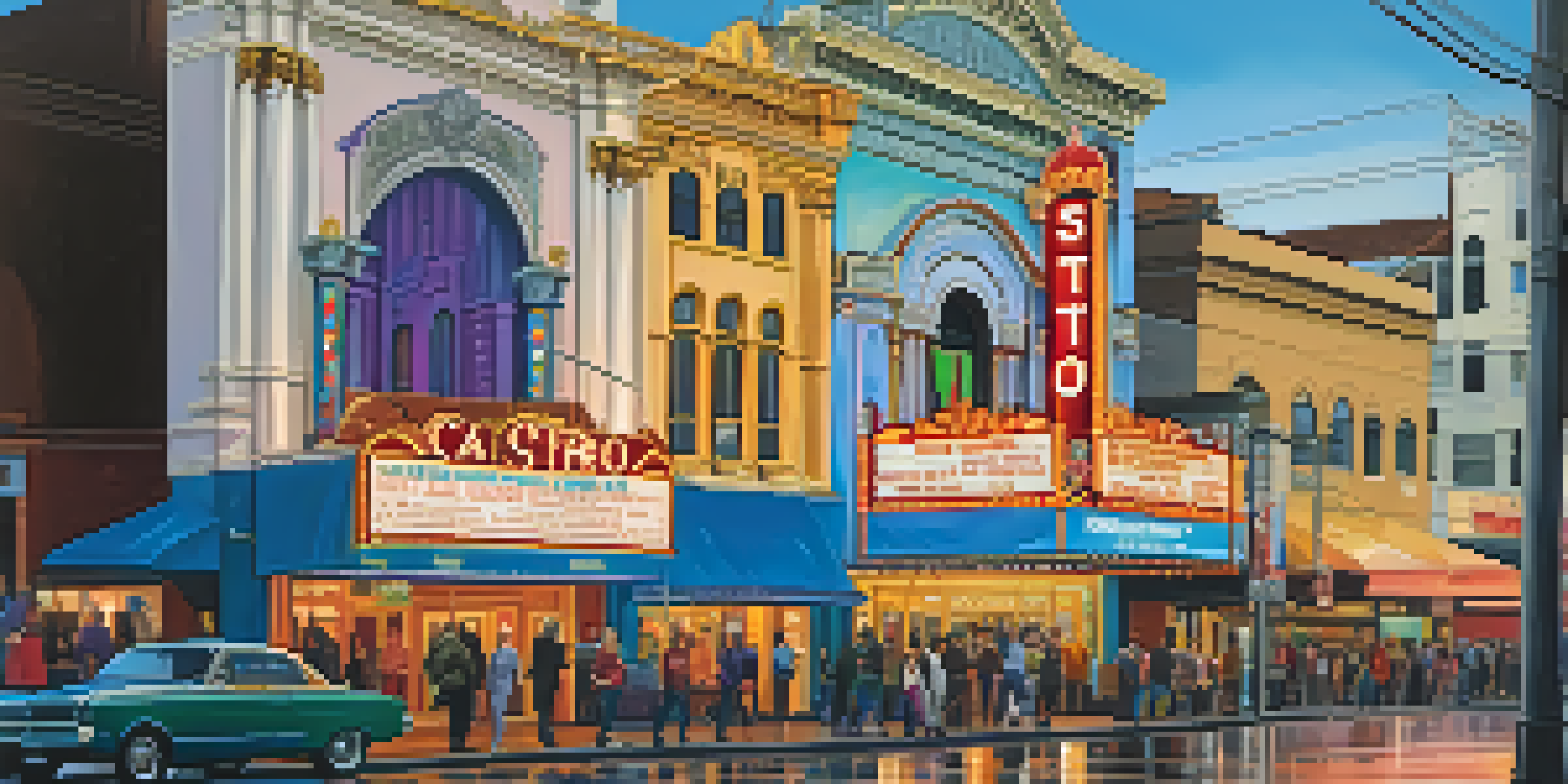 A lively street in the Castro District with colorful buildings, rainbow flags, and the illuminated Castro Theatre at night, filled with people.