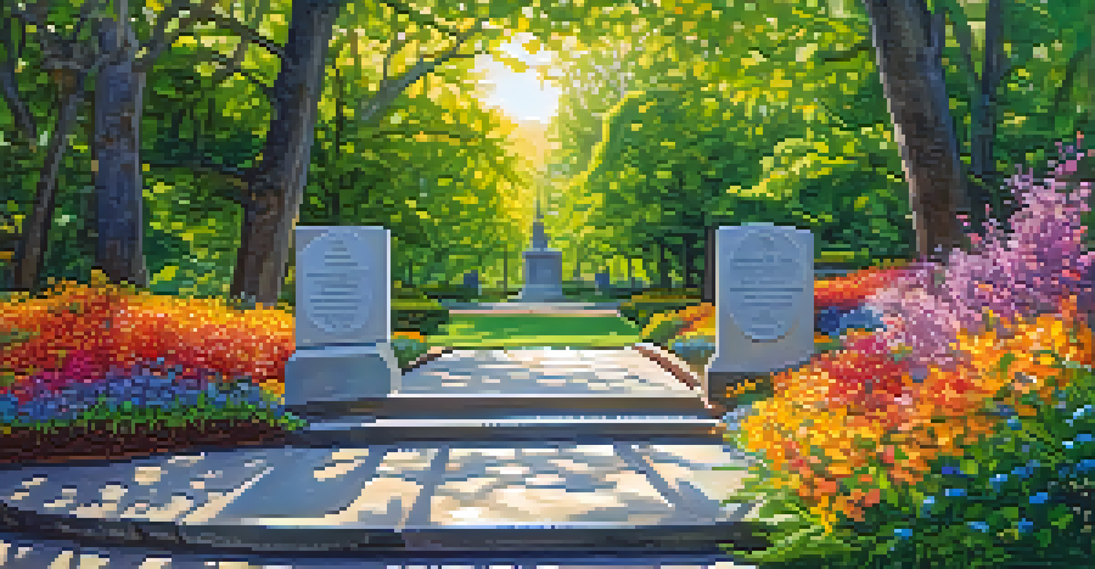A close-up of a plaque from the Rainbow Honor Walk, surrounded by flowers and trees, honoring an LGBTQ+ figure with soft sunlight illuminating the scene.