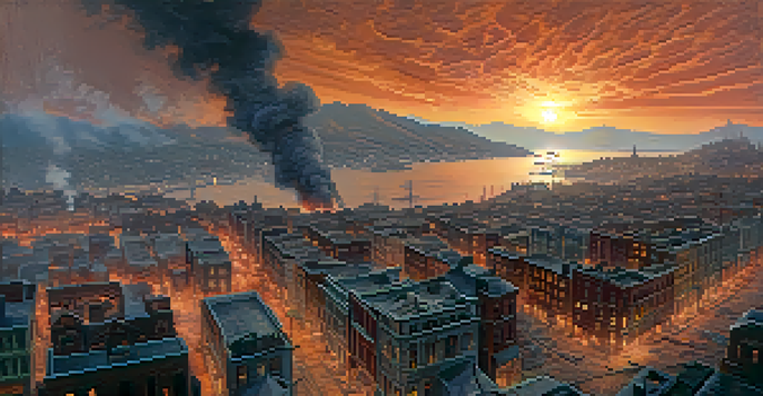 Aerial view of San Francisco after the 1906 earthquake, with smoke and ruins visible.