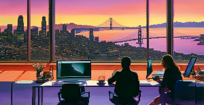 A colorful sunset over the San Francisco skyline with silhouettes of tech professionals at the forefront.