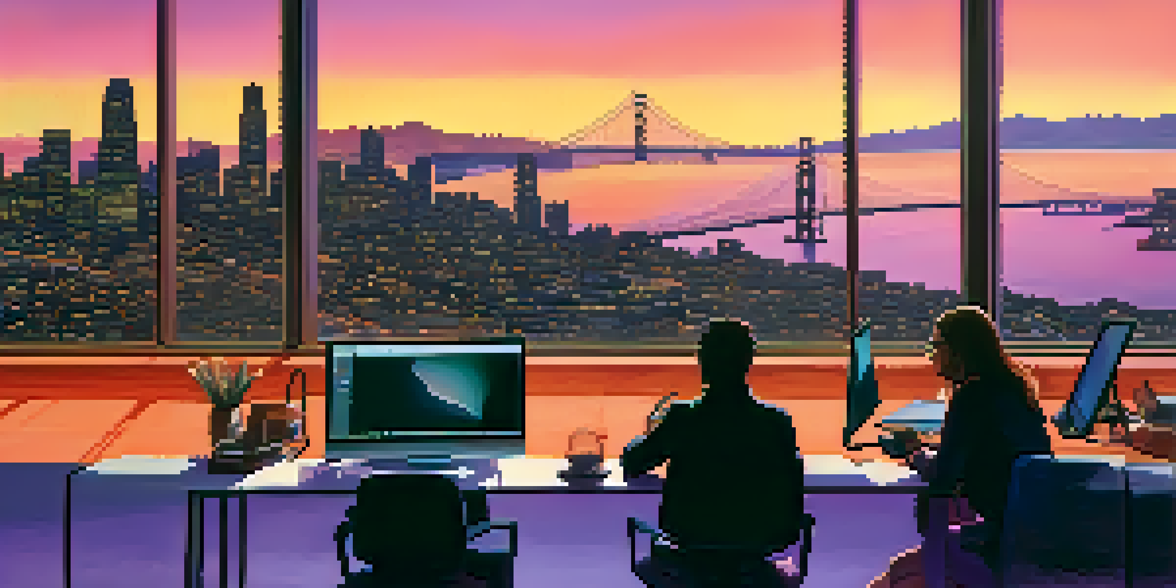 A colorful sunset over the San Francisco skyline with silhouettes of tech professionals at the forefront.