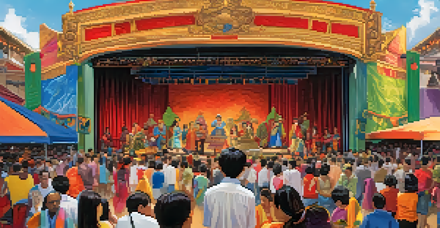 A lively theater festival with diverse artists performing, surrounded by colorful decorations and an engaged audience.
