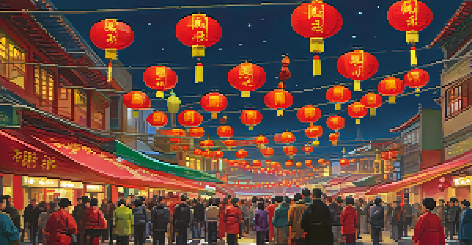 A colorful scene of the Lunar New Year Festival in Chinatown, showcasing lanterns, dragon dancers, and a lively crowd celebrating the cultural heritage.