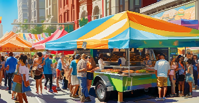 A lively street food festival with food trucks and happy attendees enjoying various cuisines in San Francisco.