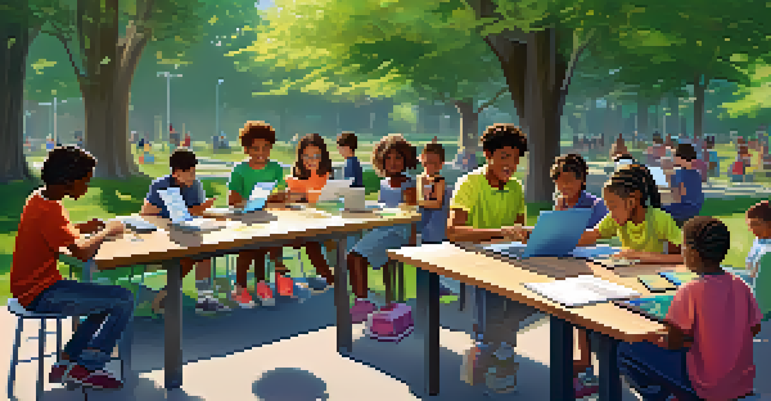 Children from diverse backgrounds participating in a STEM education workshop in a sunny community park, learning coding with guidance from an instructor.