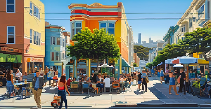 A bright and colorful street scene in San Francisco's Mission District, with murals and people in outdoor cafes under a clear blue sky.