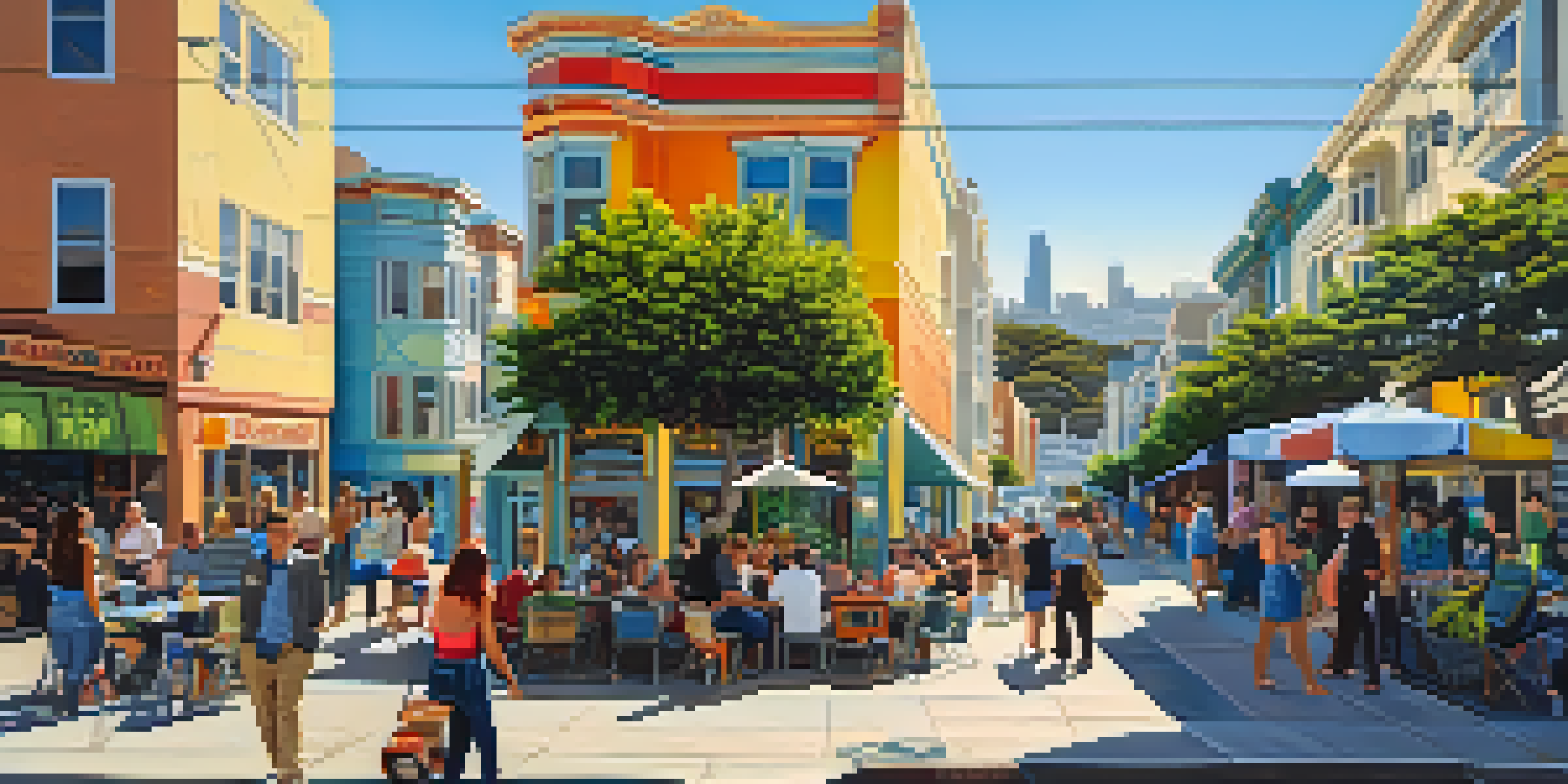 A bright and colorful street scene in San Francisco's Mission District, with murals and people in outdoor cafes under a clear blue sky.