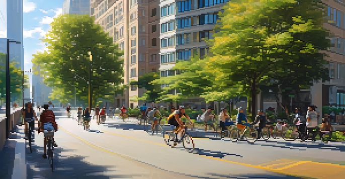 A lively city scene featuring people of various backgrounds cycling on a bike lane surrounded by greenery, modern buildings, and clear skies.