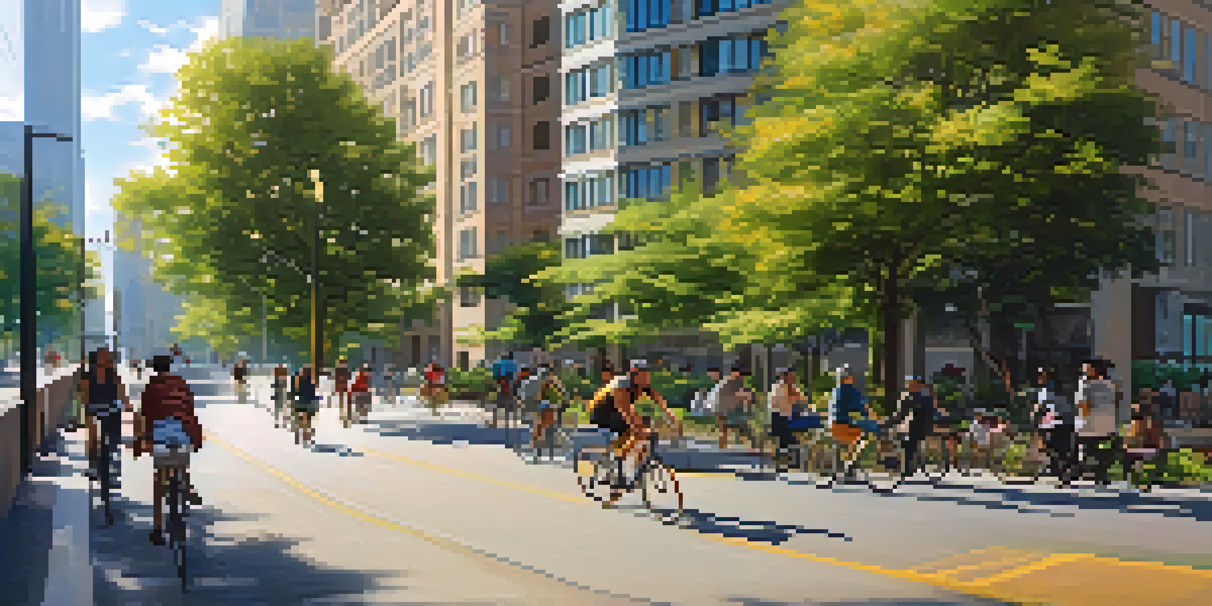 A lively city scene featuring people of various backgrounds cycling on a bike lane surrounded by greenery, modern buildings, and clear skies.