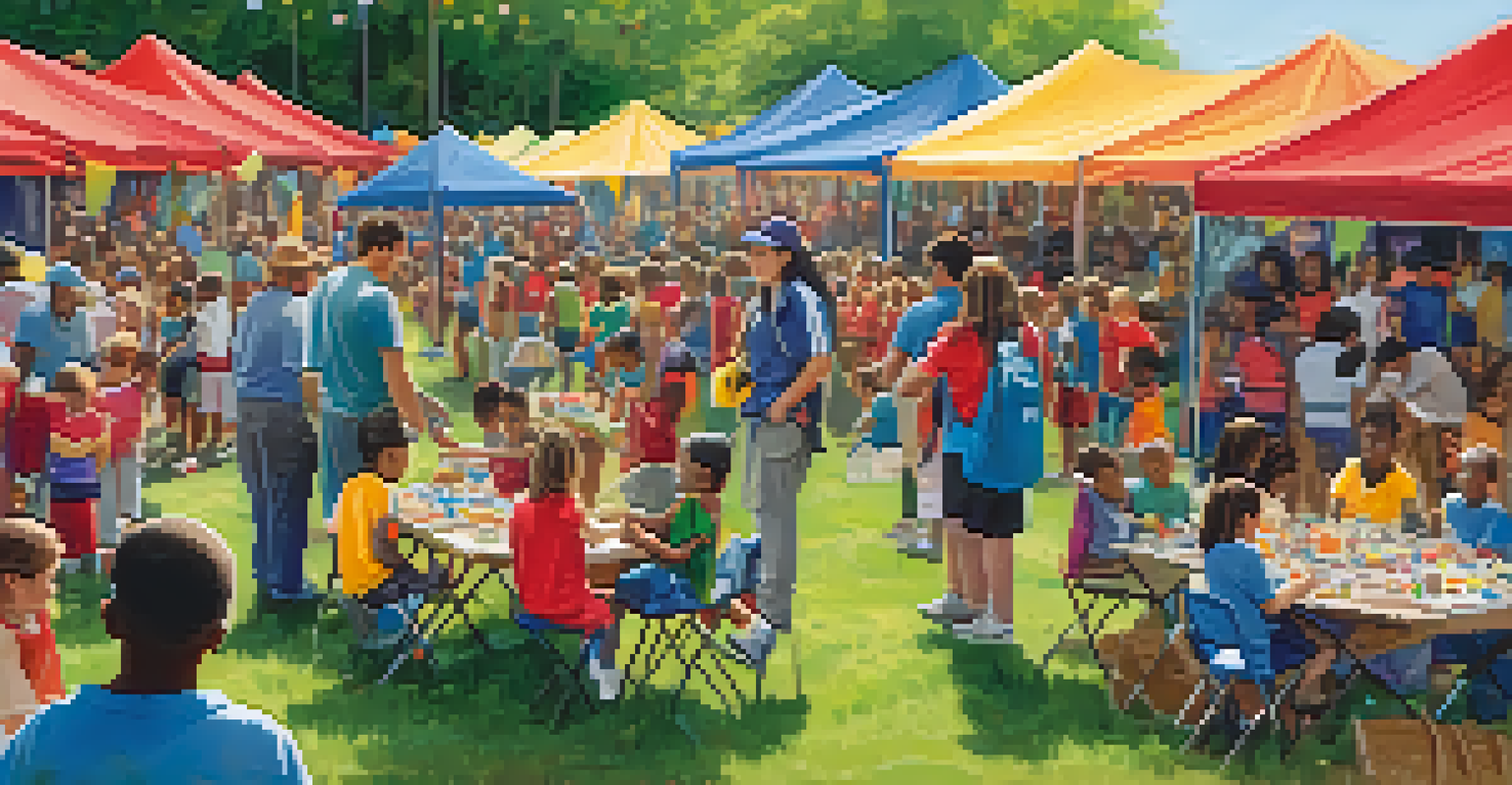 A joyful outdoor school event with families and volunteers participating in activities and crafts, creating a strong sense of community.
