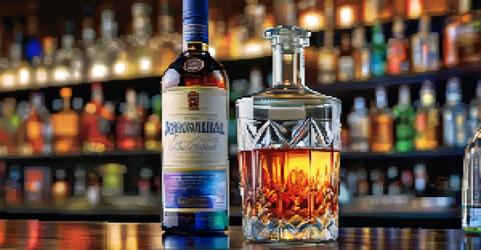 A close-up image of a craft distiller pouring a unique spirit into a glass, with blurred bottles and local ingredients in the background.