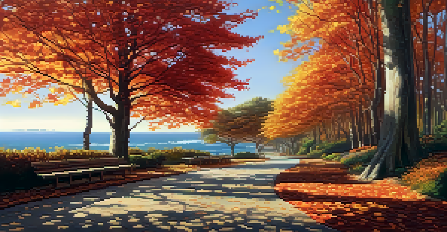An autumn landscape in a coastal park with colorful trees and a winding path leading towards the ocean.