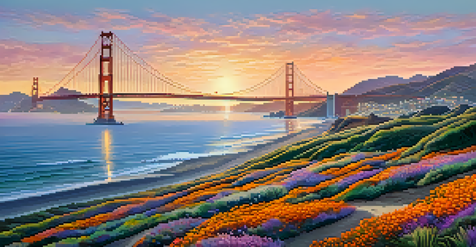 A sunset view of San Francisco's coastline with the Golden Gate Bridge in the background, sandy beaches, and colorful wildflowers.