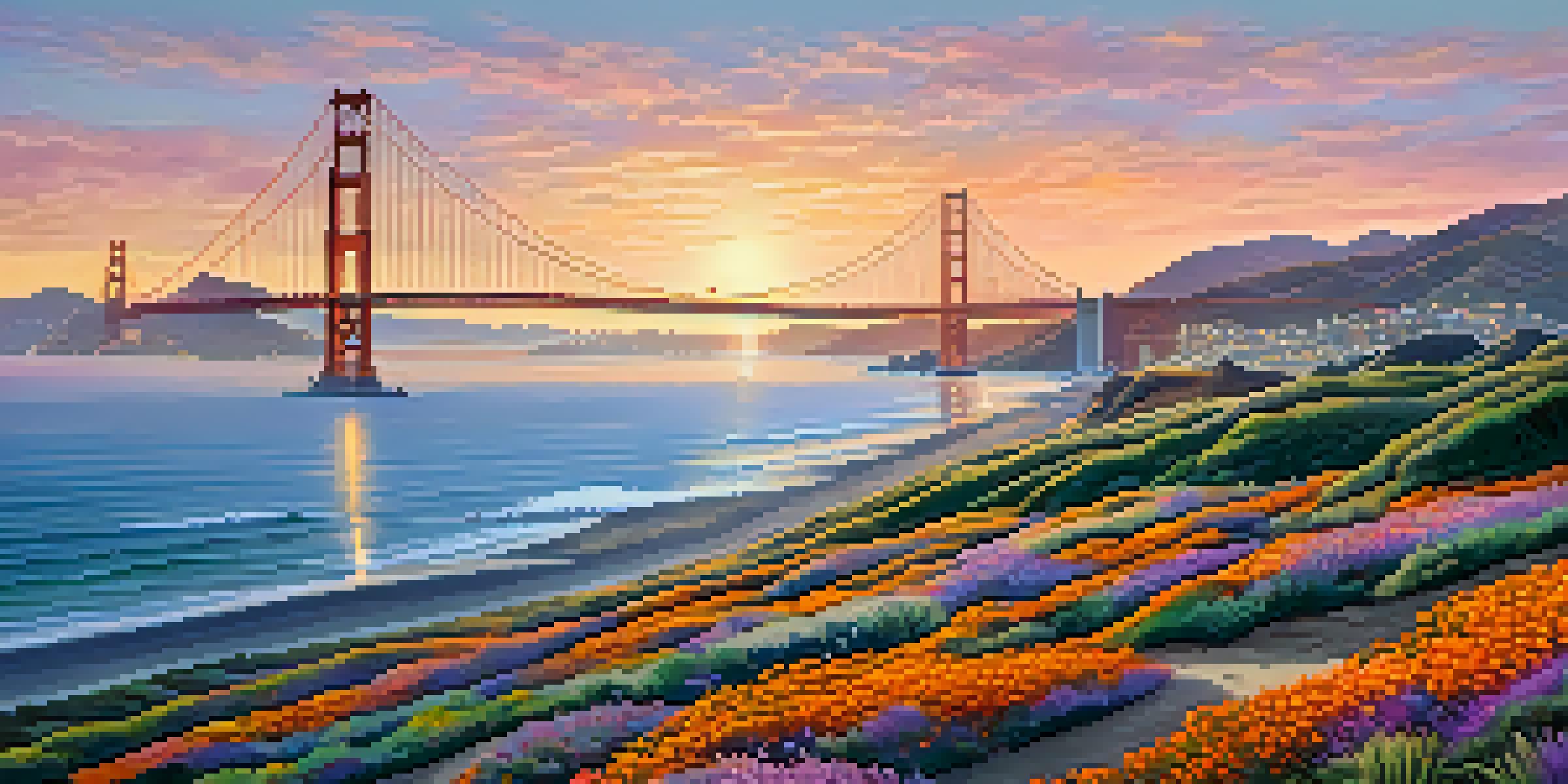A sunset view of San Francisco's coastline with the Golden Gate Bridge in the background, sandy beaches, and colorful wildflowers.
