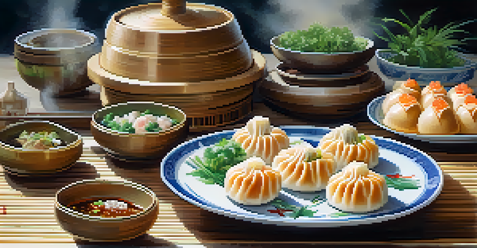 A close-up of a bamboo steamer tray filled with various colorful dim sum dumplings, garnished with herbs.