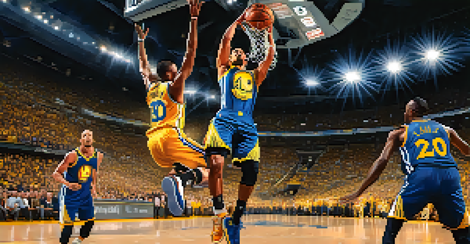 A basketball player from the Golden State Warriors making a slam dunk in a packed arena, with fans cheering.