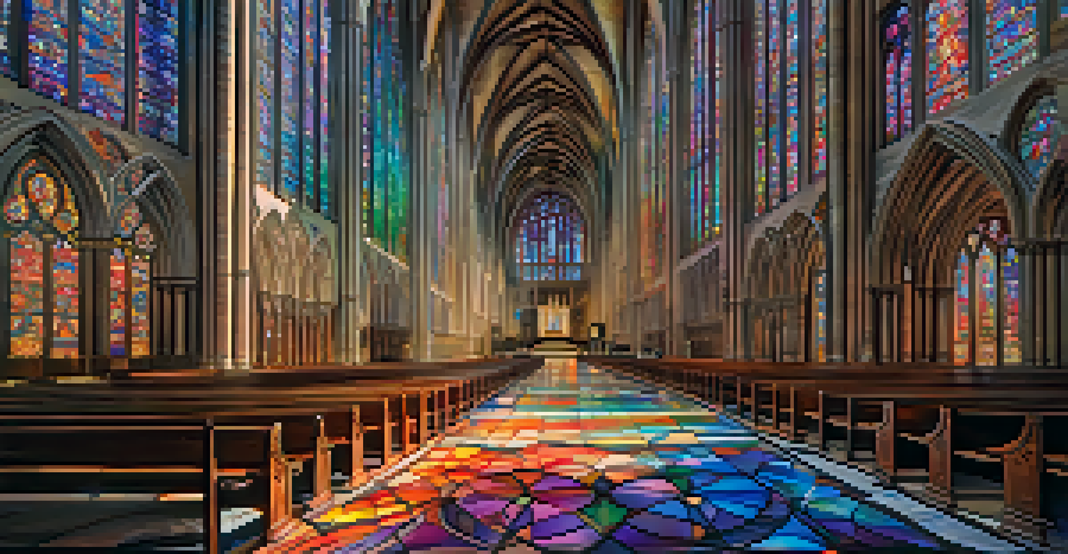 Intricate stonework and stained glass windows of Grace Cathedral with sunlight creating colorful patterns on the floor.