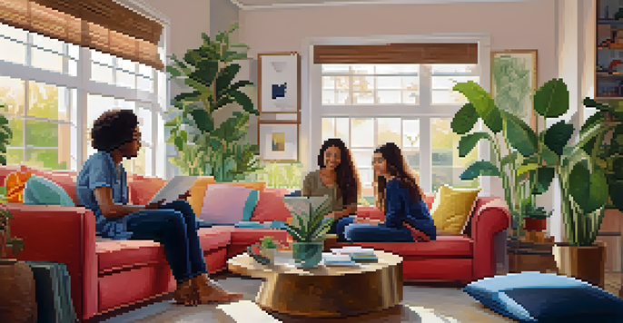 A group of diverse friends sitting in a cozy living room, engaged in a supportive conversation, surrounded by warm lighting and plants.