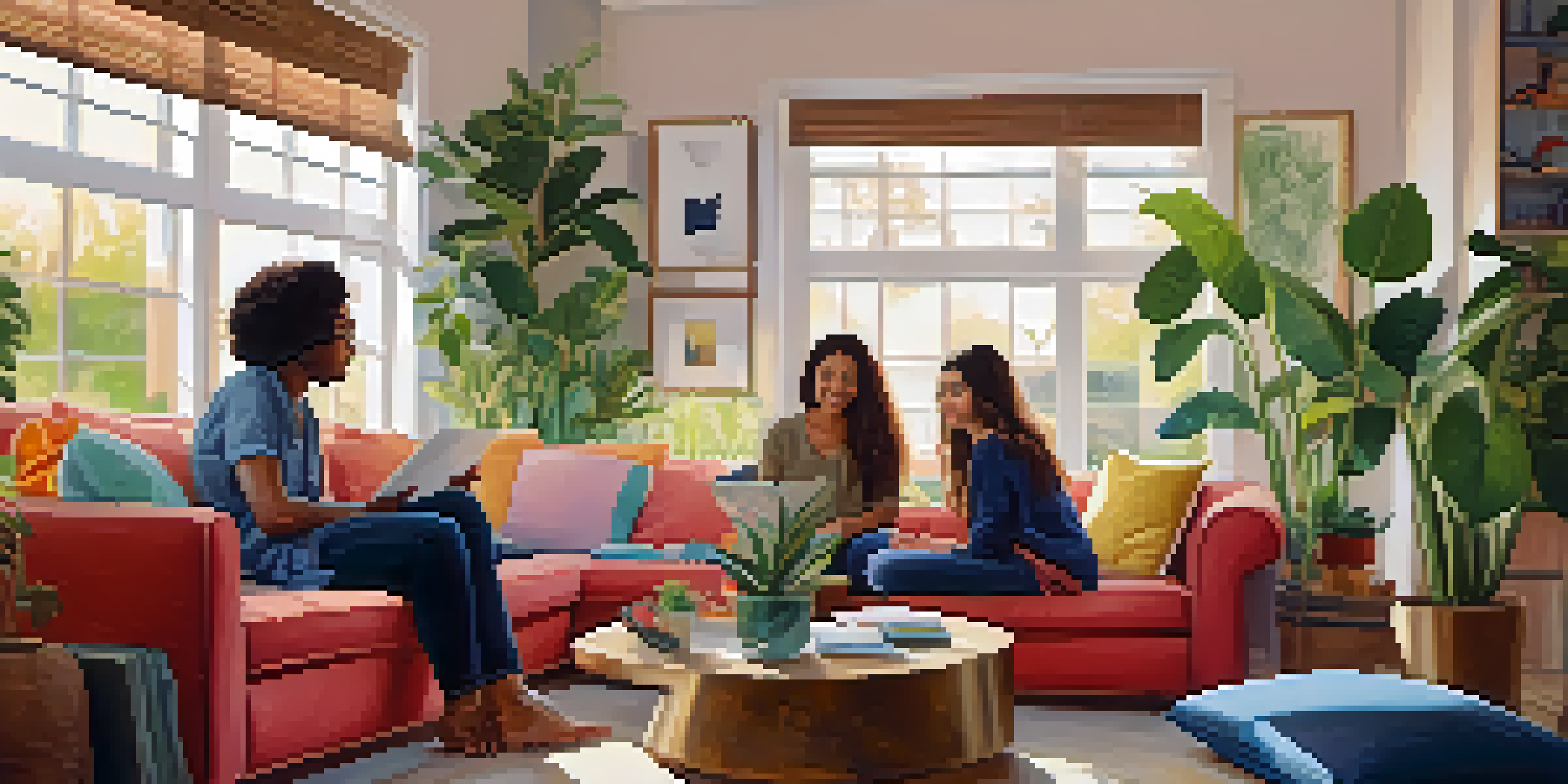 A group of diverse friends sitting in a cozy living room, engaged in a supportive conversation, surrounded by warm lighting and plants.