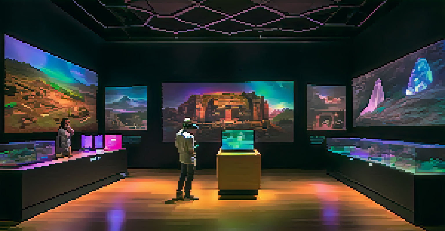 Visitors in a cultural institution using VR headsets to interact with holographic displays of historical artifacts in a colorful, futuristic setting.