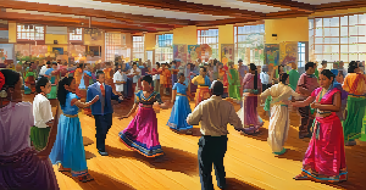A lively cultural exchange event with people from different backgrounds dancing and sharing food in a decorated community center.