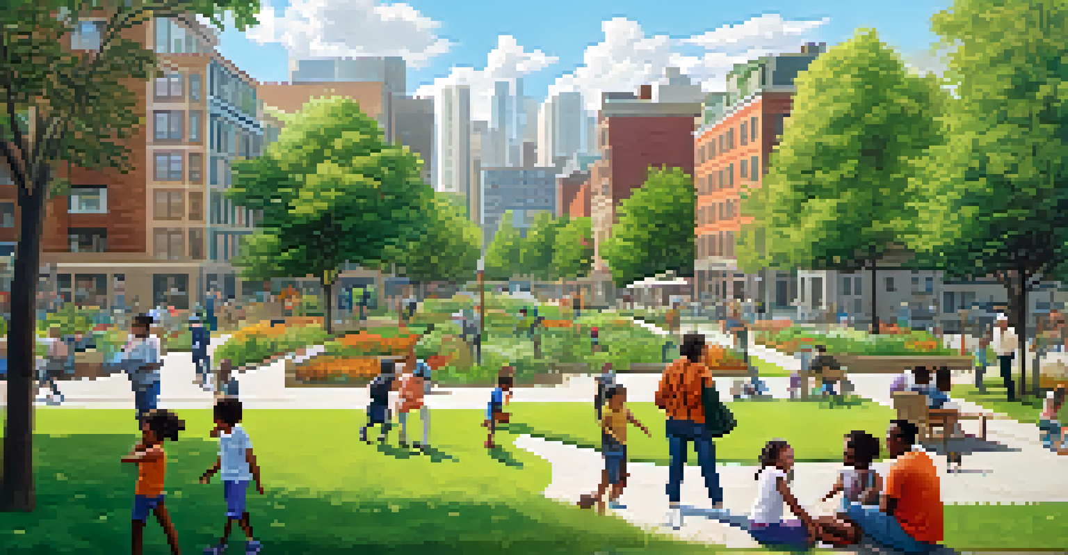 A cityscape with green spaces and clean air, featuring diverse individuals enjoying outdoor activities in a vibrant community.
