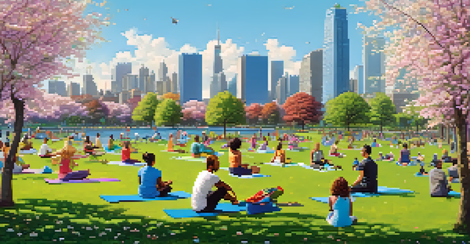 A lively urban park with people jogging, practicing yoga, and enjoying picnics amidst blooming flowers and tall buildings in the background.