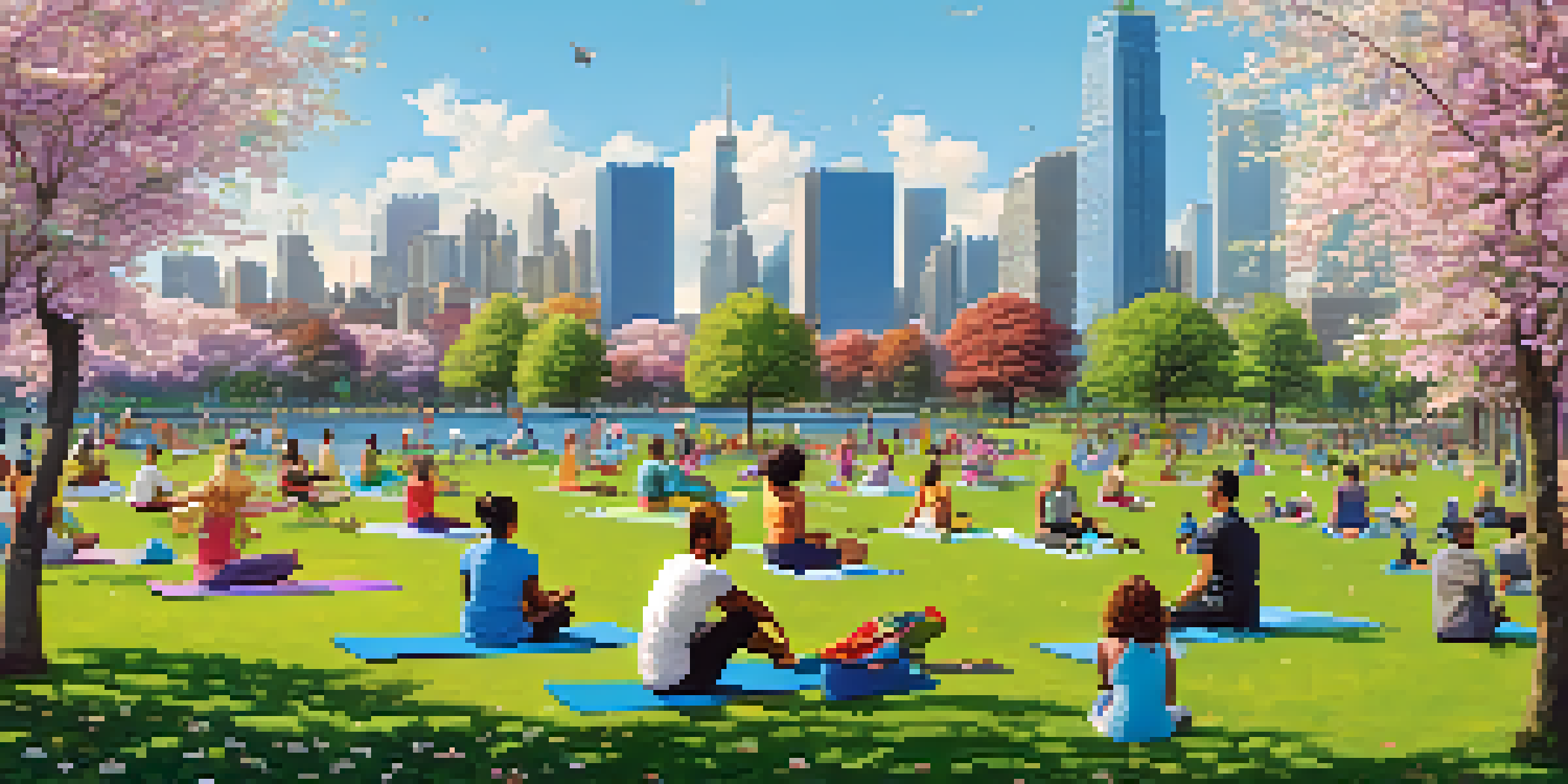A lively urban park with people jogging, practicing yoga, and enjoying picnics amidst blooming flowers and tall buildings in the background.