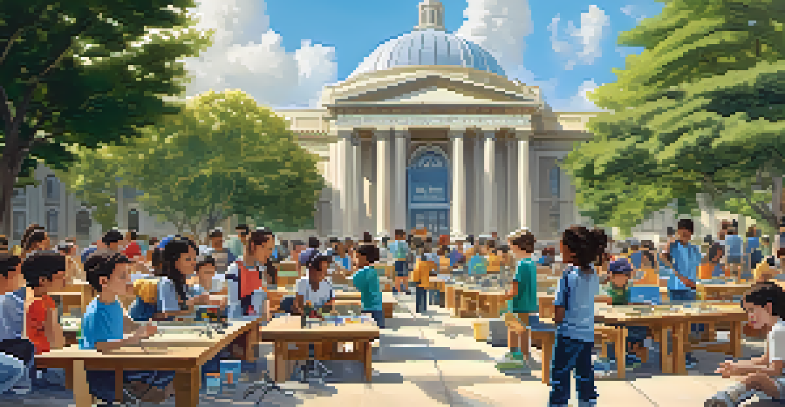 Children participating in a STEM workshop outdoors at UC Berkeley, engaging in activities like building robots under a sunny sky.