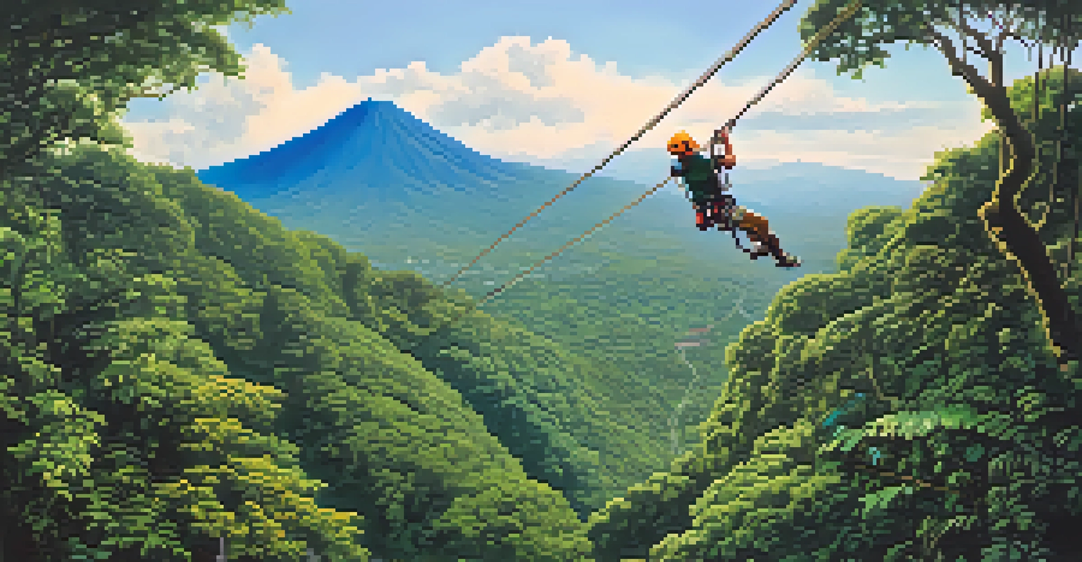 A person ziplining through the treetops with Arenal Volcano in the background.