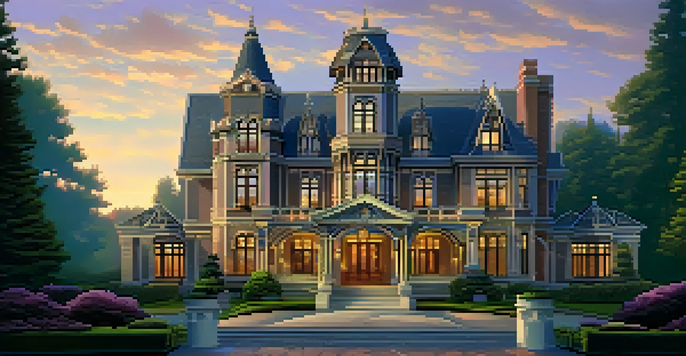 A photo of the Winchester Mansion at dusk, showcasing its intricate architecture and illuminated warm lights.