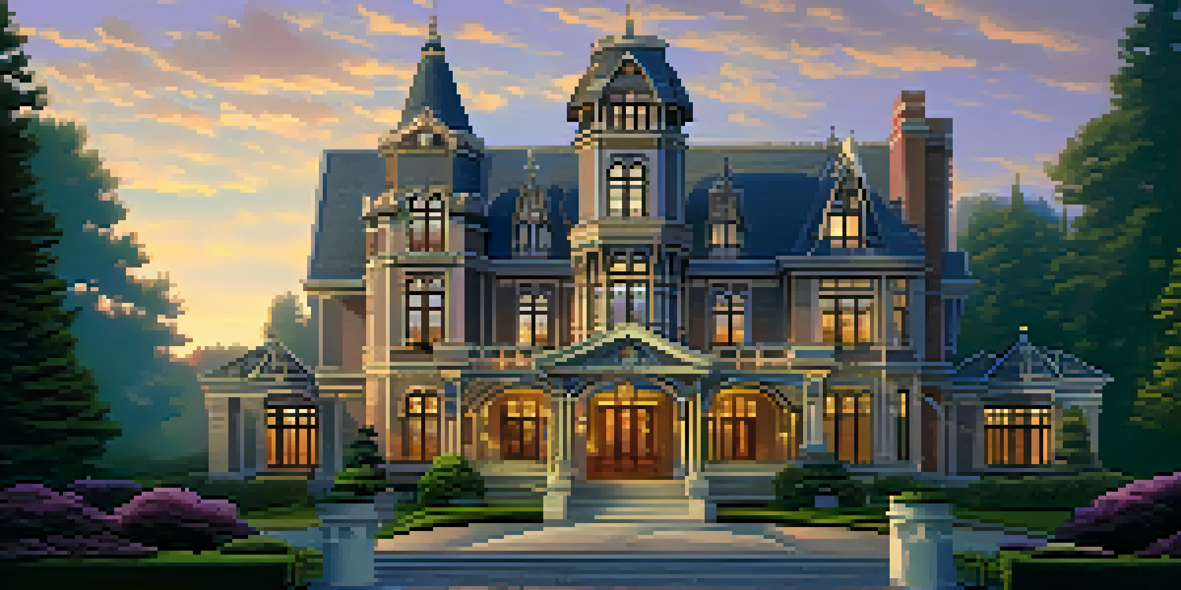 A photo of the Winchester Mansion at dusk, showcasing its intricate architecture and illuminated warm lights.