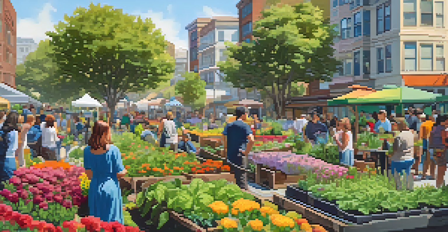 A community garden in San Francisco with colorful plants and residents working together.