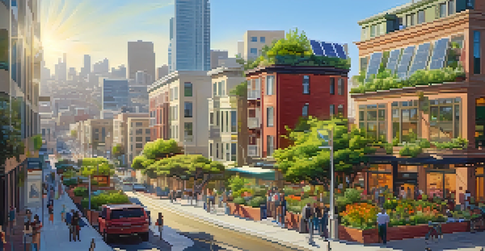 A sunny urban landscape featuring eco-friendly buildings with solar panels and green roofs, along with people enjoying the outdoor spaces.