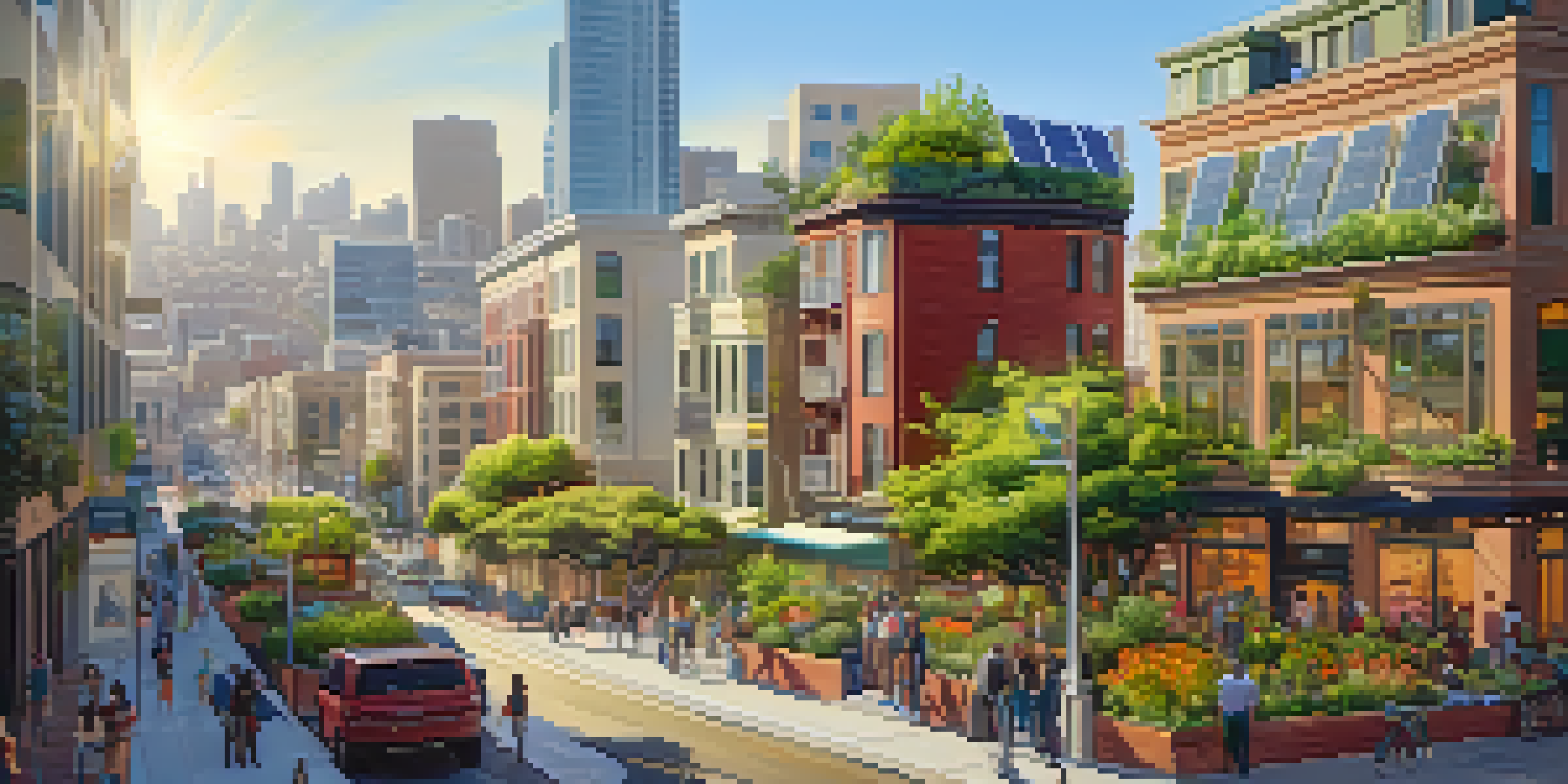 A sunny urban landscape featuring eco-friendly buildings with solar panels and green roofs, along with people enjoying the outdoor spaces.