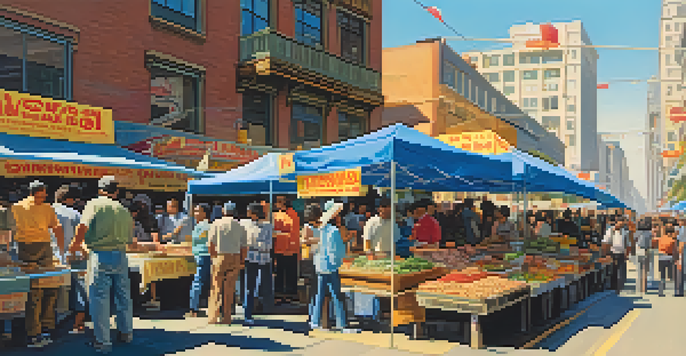 A lively street market in San Francisco during the 1970s, filled with diverse food stalls and people enjoying various cuisines.