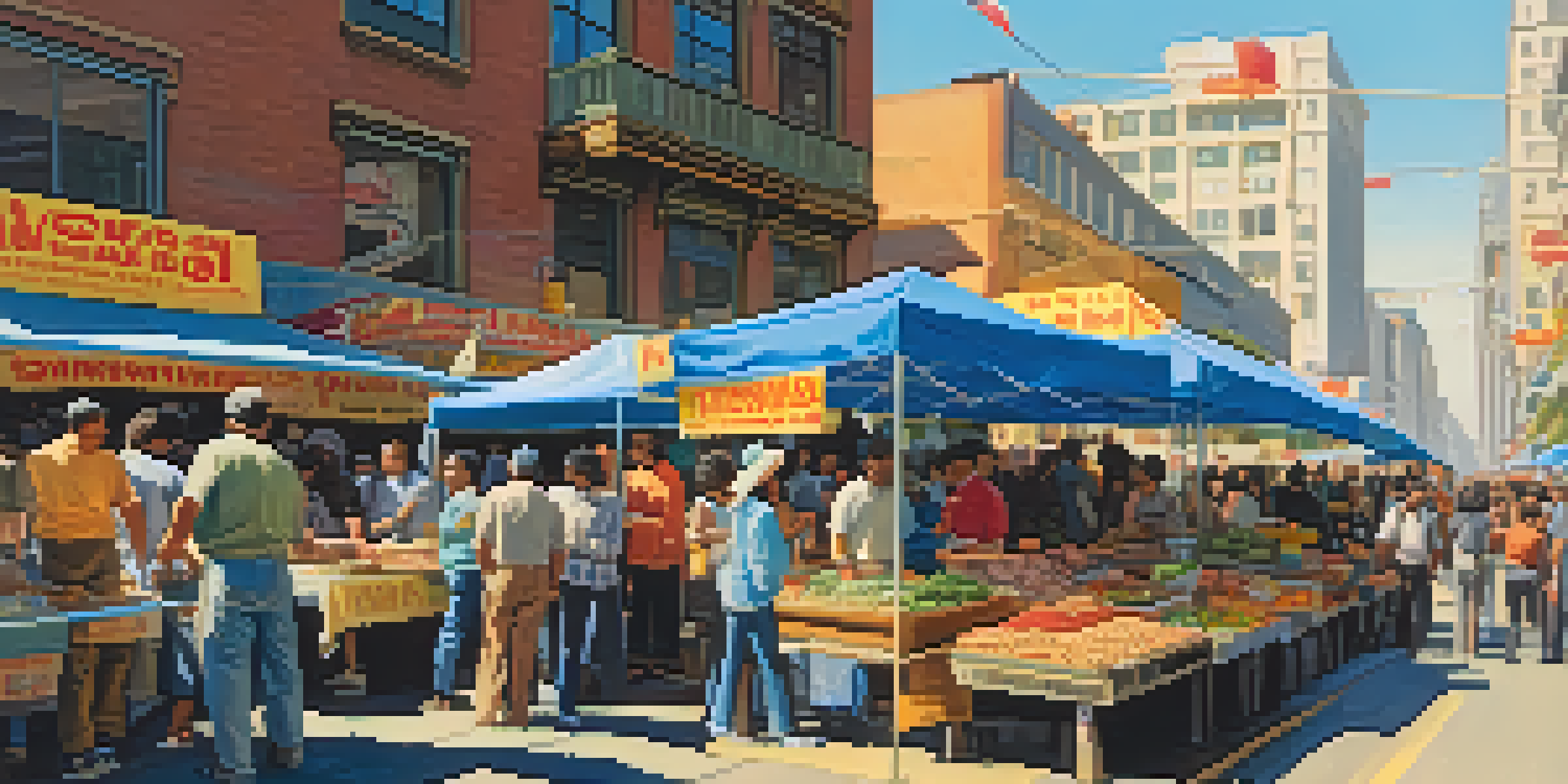 A lively street market in San Francisco during the 1970s, filled with diverse food stalls and people enjoying various cuisines.