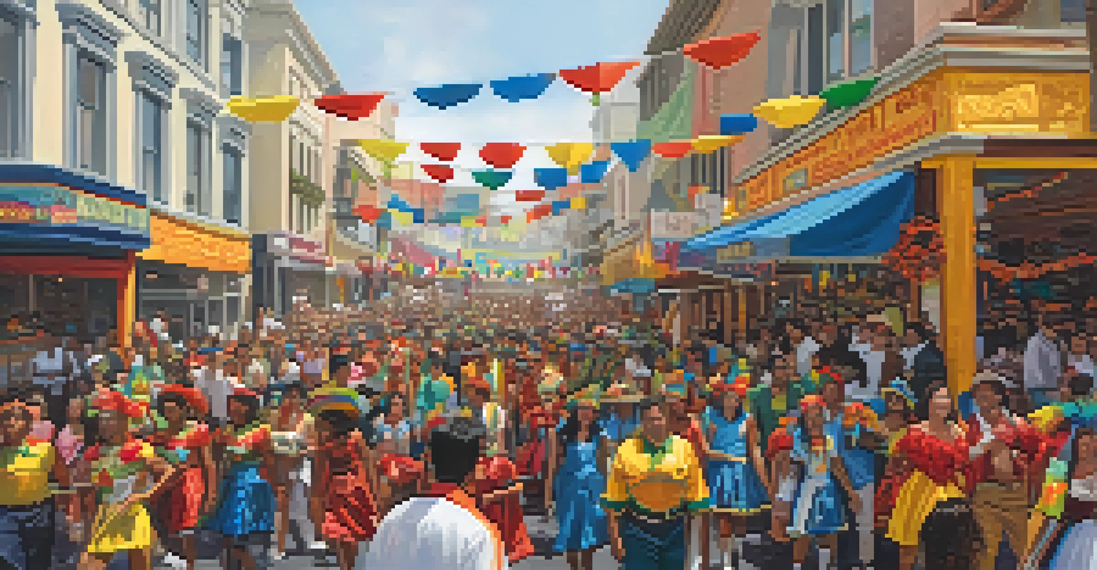 A lively Carnaval celebration in the Mission District with dancers in bright costumes, live music, and food stalls, capturing the essence of Latin American culture.
