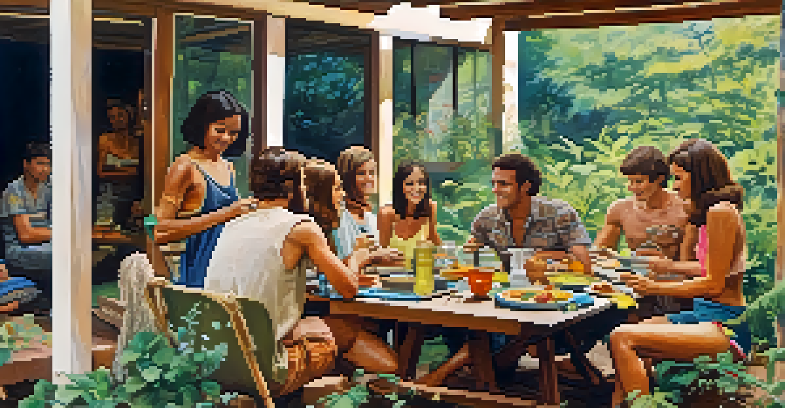 A group of people enjoying a meal together outdoors in a colorful and harmonious communal living space.