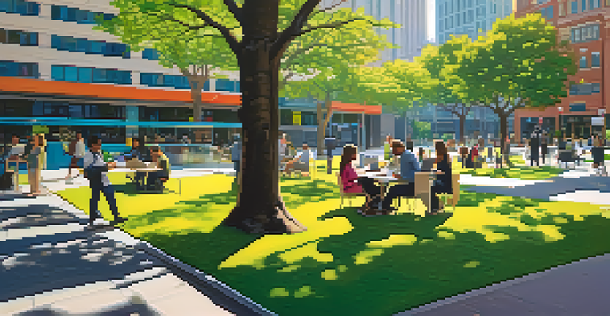 A lively outdoor scene in a San Francisco park with diverse professionals working on laptops, modern buildings in the background, and colorful murals.
