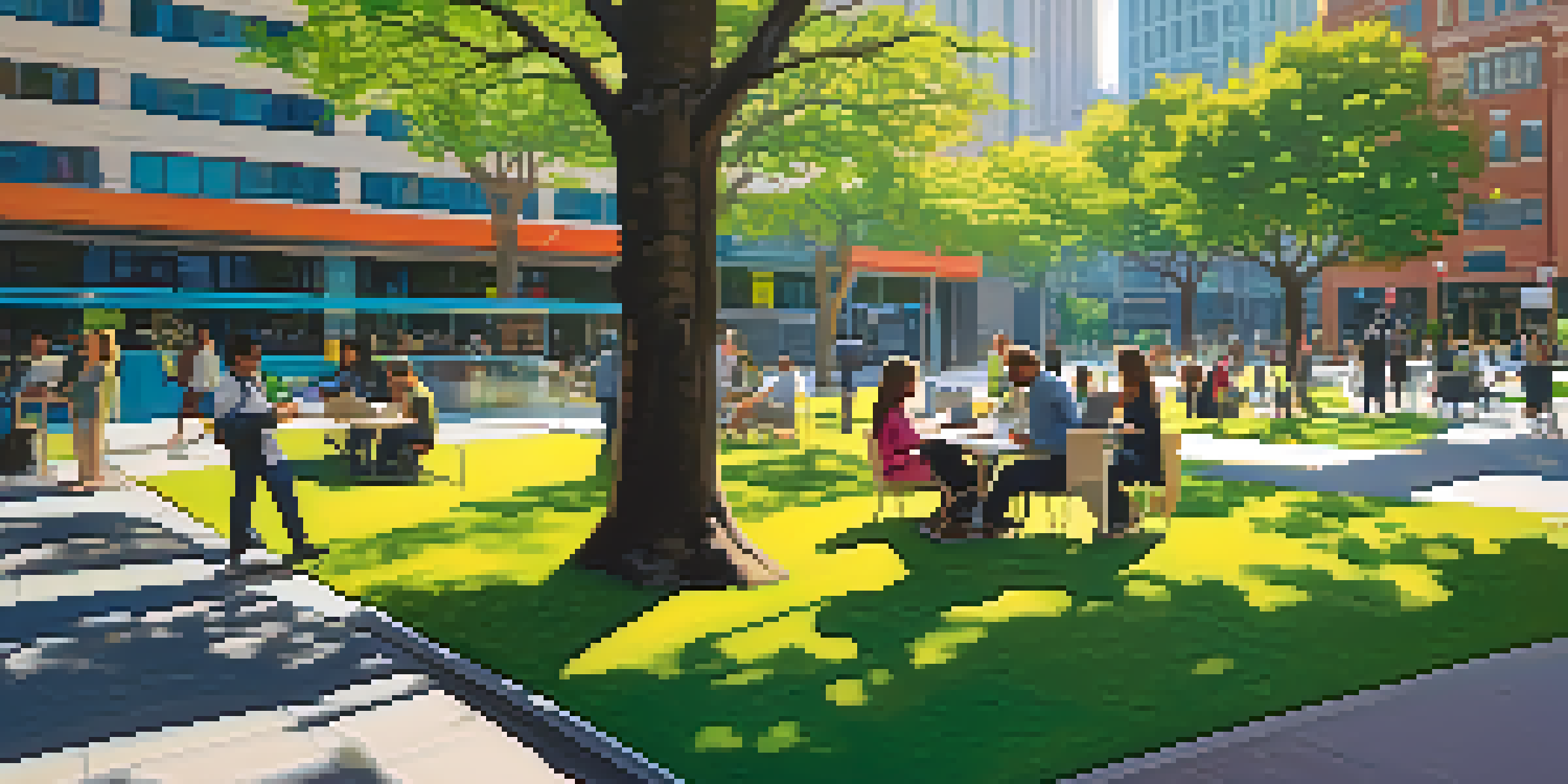 A lively outdoor scene in a San Francisco park with diverse professionals working on laptops, modern buildings in the background, and colorful murals.