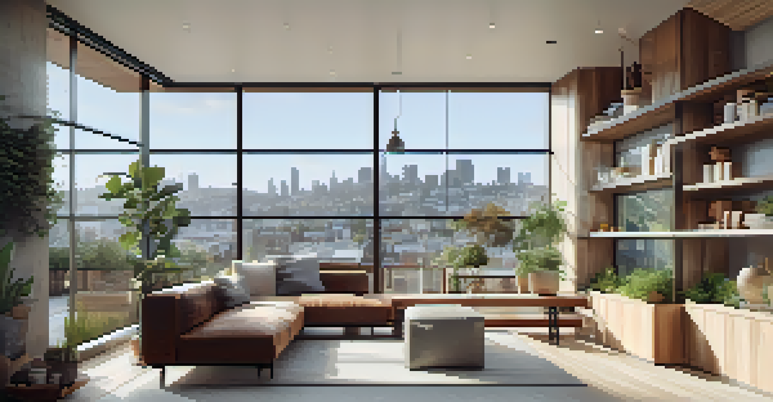 Interior of a modern eco-friendly home in San Francisco with large windows, minimalist decor, and a view of the city outside.
