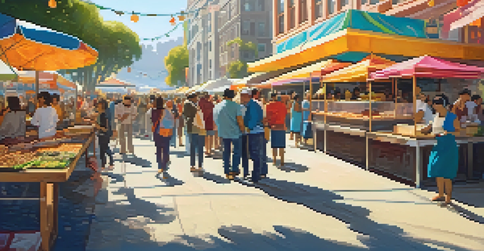 A bustling street food festival in San Francisco featuring colorful food stalls, chefs cooking, and a lively crowd enjoying various dishes in a sunny atmosphere.