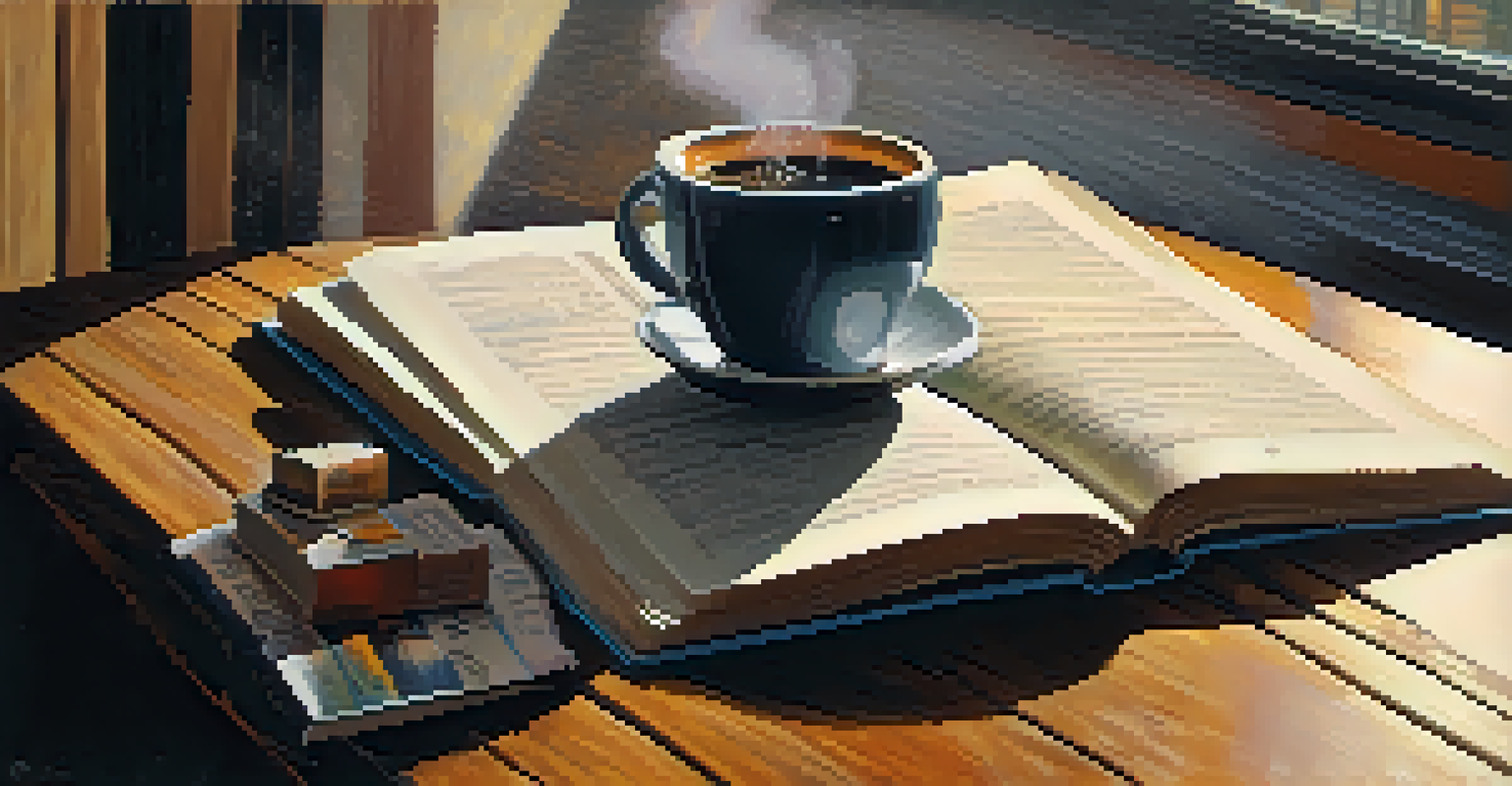 An open book on a wooden table with jazz records and coffee, warm light from a window creating a cozy atmosphere, showcasing the essence of San Francisco's literary scene.