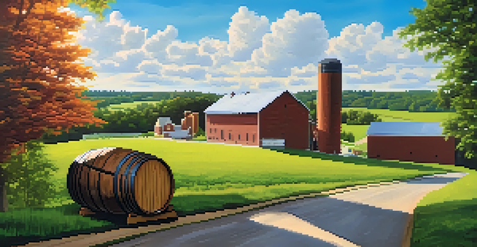 A beautiful distillery in Kentucky's Bourbon Trail, set in a green landscape with blue skies and white clouds.