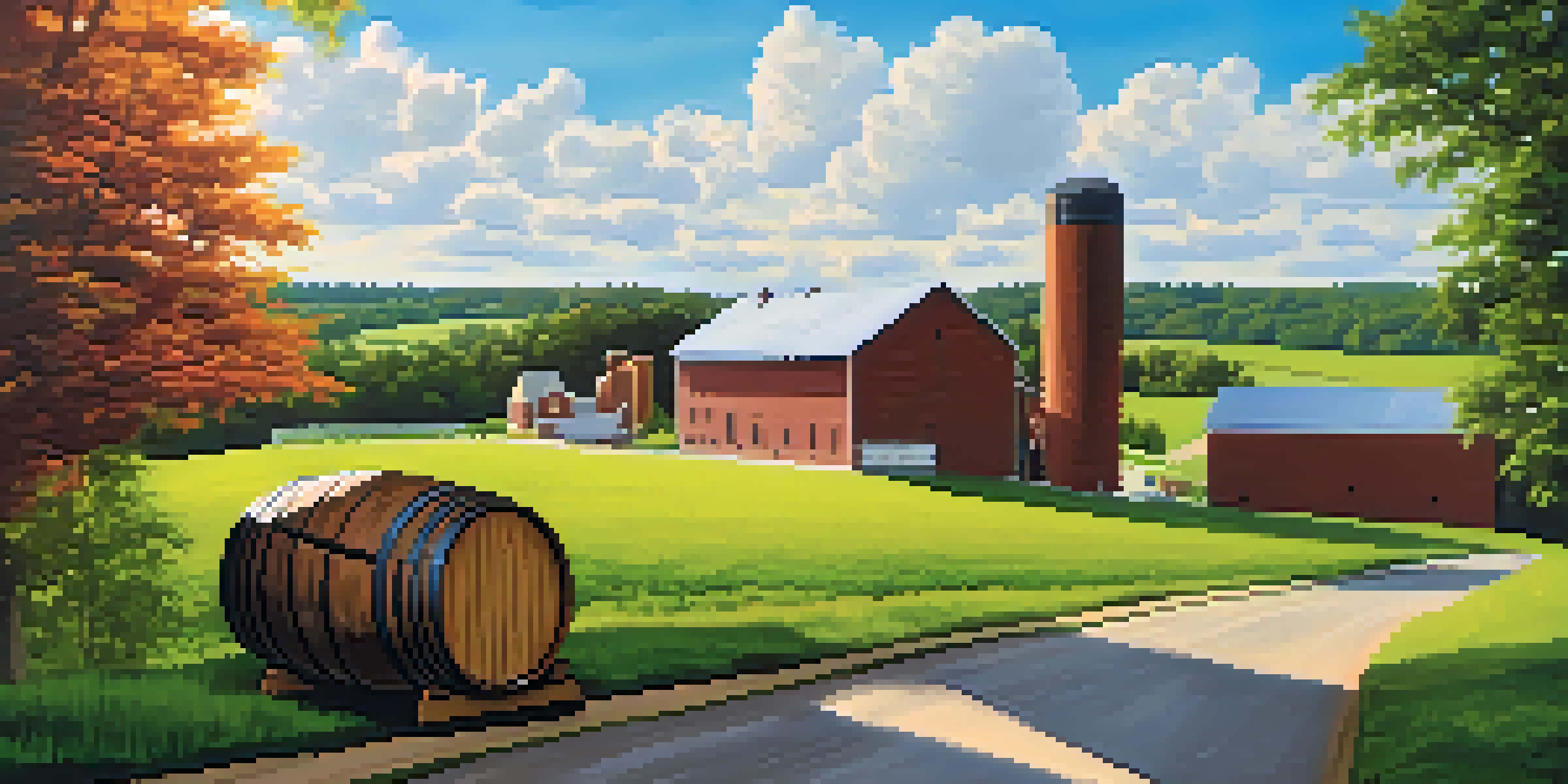A beautiful distillery in Kentucky's Bourbon Trail, set in a green landscape with blue skies and white clouds.