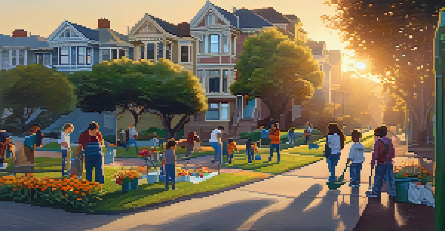 Residents participating in a community cleanup in a San Francisco park during sunset, showcasing teamwork and unity.